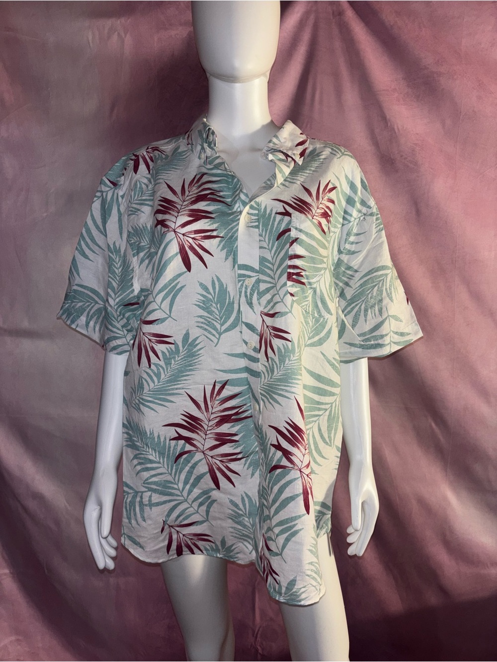 Nautica White Short-Sleeve Button-Down with Mint Green & Burgundy Leaf Print